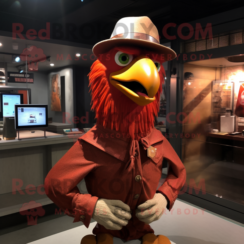 Rust Rooster mascot costume character dressed with a Turtleneck and Hats Rust Rooster mascot costume character dressed with a Turtleneck and Hats