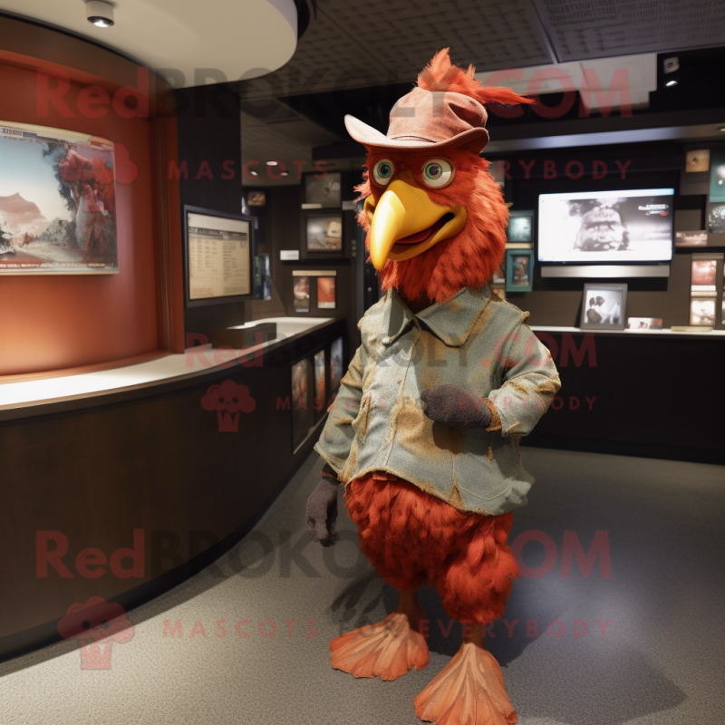 Rust Rooster mascot costume character dressed with a Turtleneck and Hats