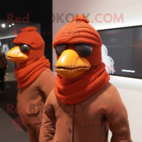 Rust Rooster mascot costume character dressed with a Turtleneck and Hats