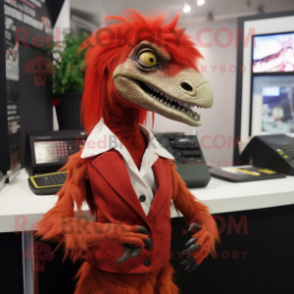 Red Utahraptor mascot costume character dressed with a Mini Skirt and Tie pins