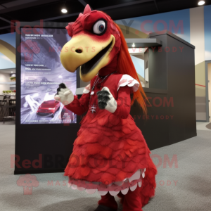 Red Utahraptor mascot costume character dressed with a Mini Skirt and Tie pins