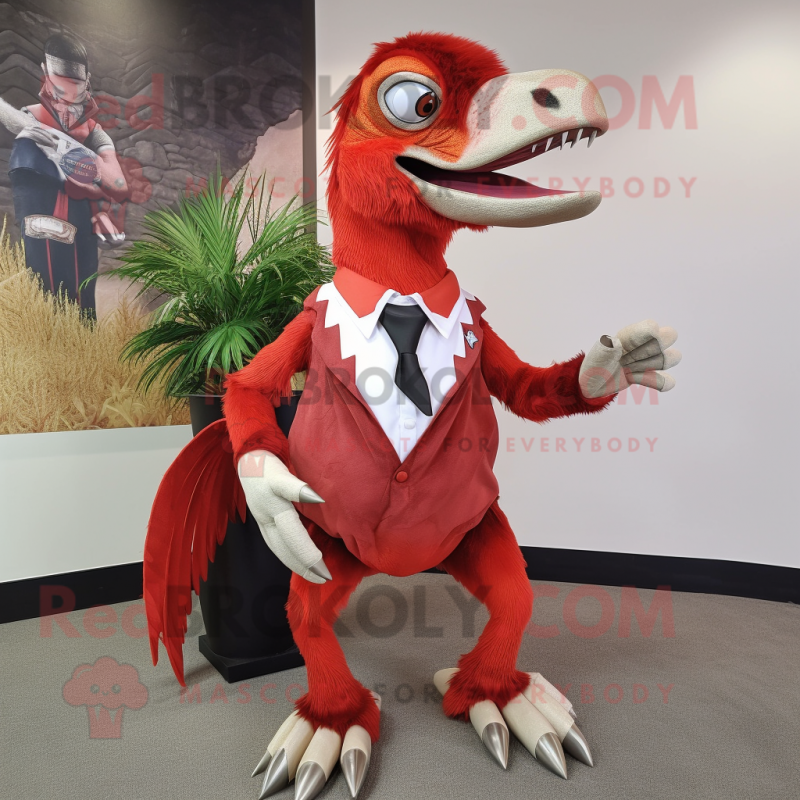 Red Utahraptor mascot costume character dressed with a Mini Skirt and Tie pins