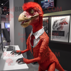 Red Utahraptor mascot costume character dressed with a Mini Skirt and Tie pins