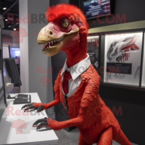 Red Utahraptor mascot costume character dressed with a Mini Skirt and Tie pins