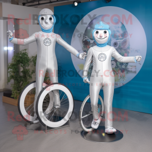 Silver Unicyclist mascot costume character dressed with a Jumpsuit and Ties