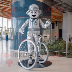 Silver Unicyclist mascot costume character dressed with a Jumpsuit and Ties
