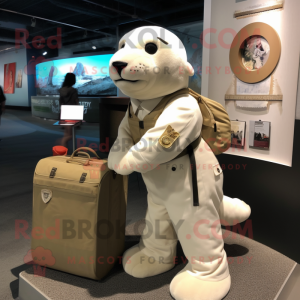 White Sea Lion mascot costume character dressed with a Bomber Jacket and Briefcases