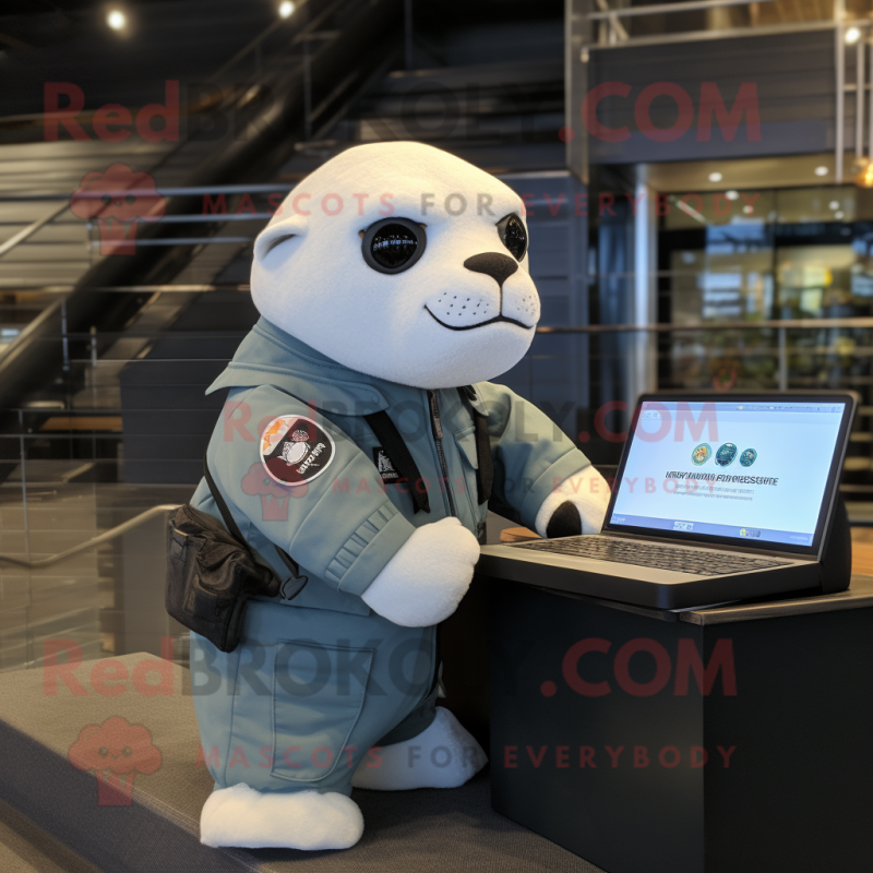 White Sea Lion mascot costume character dressed with a Bomber Jacket and Briefcases