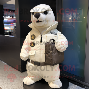 White Sea Lion mascot costume character dressed with a Bomber Jacket and Briefcases