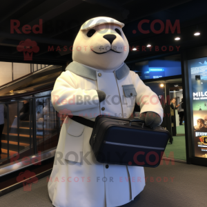 White Sea Lion mascot costume character dressed with a Bomber Jacket and Briefcases