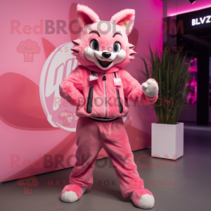 Pink Lynx mascot costume character dressed with a Jacket and Hairpins