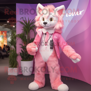 Pink Lynx mascot costume character dressed with a Jacket and Hairpins