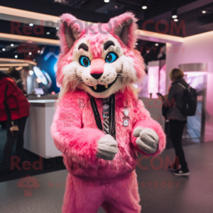 Pink Lynx mascot costume character dressed with a Jacket and Hairpins