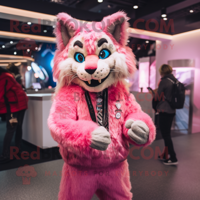 Pink Lynx mascot costume character dressed with a Jacket and Hairpins
