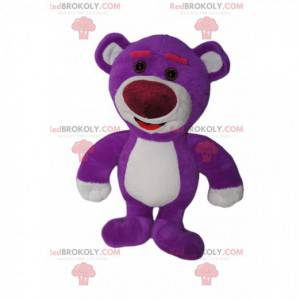Mascota de oso de peluche púrpura demasiado linda. Disfraz de