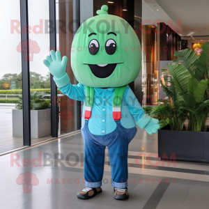 Cyan Watermelon mascot costume character dressed with a Jeans and Gloves