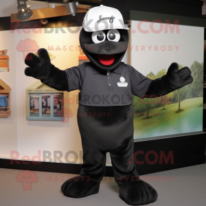 Black Aglet mascot costume character dressed with a Henley Shirt and Caps