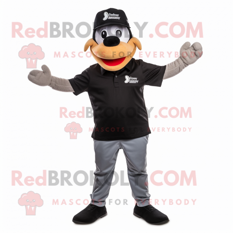 Black Aglet mascot costume character dressed with a Henley Shirt and Caps Black Aglet mascot costume character dressed with a Henley Shirt and Caps