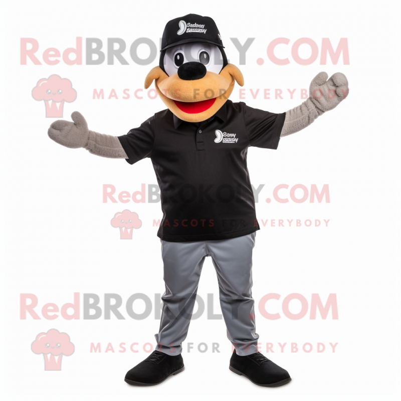 Black Aglet mascot costume character dressed with a Henley Shirt and Caps