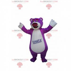 Mascote do urso roxo super feliz. Fantasia de urso roxo -