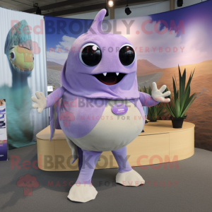 Lavender Stingray mascot costume character dressed with a Corduroy Pants and Keychains