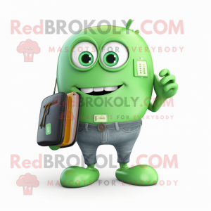Green Computer mascot costume character dressed with a Jeans and Wallets