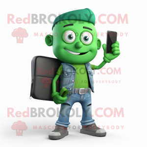 Green Computer mascot costume character dressed with a Jeans and Wallets