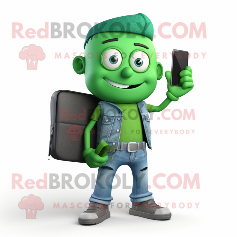 Green Computer mascot costume character dressed with a Jeans and Wallets Green Computer mascot costume character dressed with a Jeans and Wallets