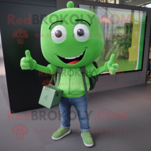 Green Computer mascot costume character dressed with a Jeans and Wallets