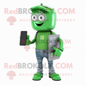 Green Computer mascot costume character dressed with a Jeans and Wallets