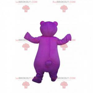 Mascote do urso roxo super feliz. Fantasia de urso roxo -