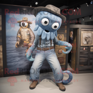 Gray Kraken mascot costume character dressed with a Denim Shirt and Brooches