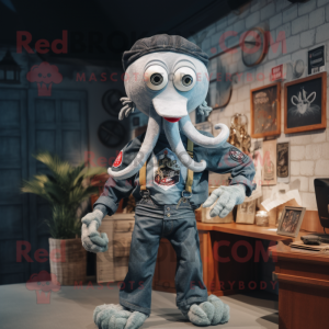 Gray Kraken mascot costume character dressed with a Denim Shirt and Brooches