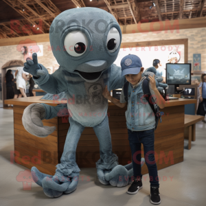 Gray Kraken mascot costume character dressed with a Denim Shirt and Brooches