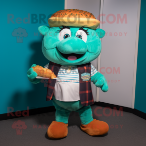 Teal Pulled Pork Sandwich mascot costume character dressed with a Graphic Tee and Pocket squares