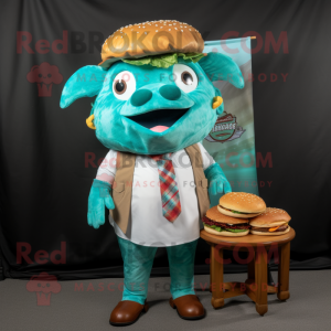 Teal Pulled Pork Sandwich mascot costume character dressed with a Graphic Tee and Pocket squares