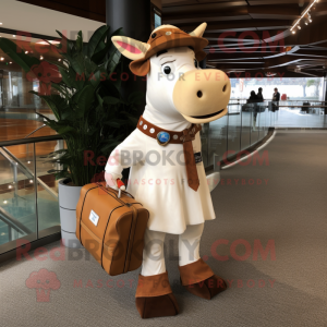 Cream Guernsey Cow mascot costume character dressed with a Sheath Dress and Messenger bags