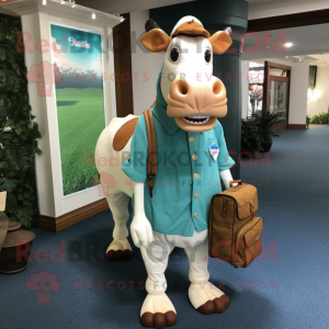 Cream Guernsey Cow mascot costume character dressed with a Sheath Dress and Messenger bags