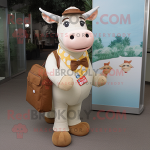 Cream Guernsey Cow mascot costume character dressed with a Sheath Dress and Messenger bags