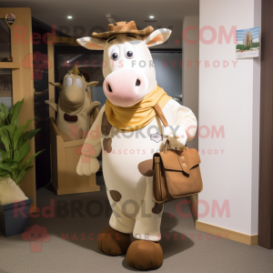 Cream Guernsey Cow mascot costume character dressed with a Sheath Dress and Messenger bags