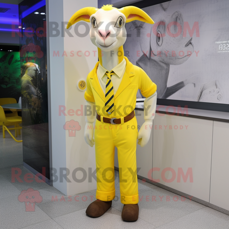 Lemon Yellow Goat mascot costume character dressed with a Trousers and Ties