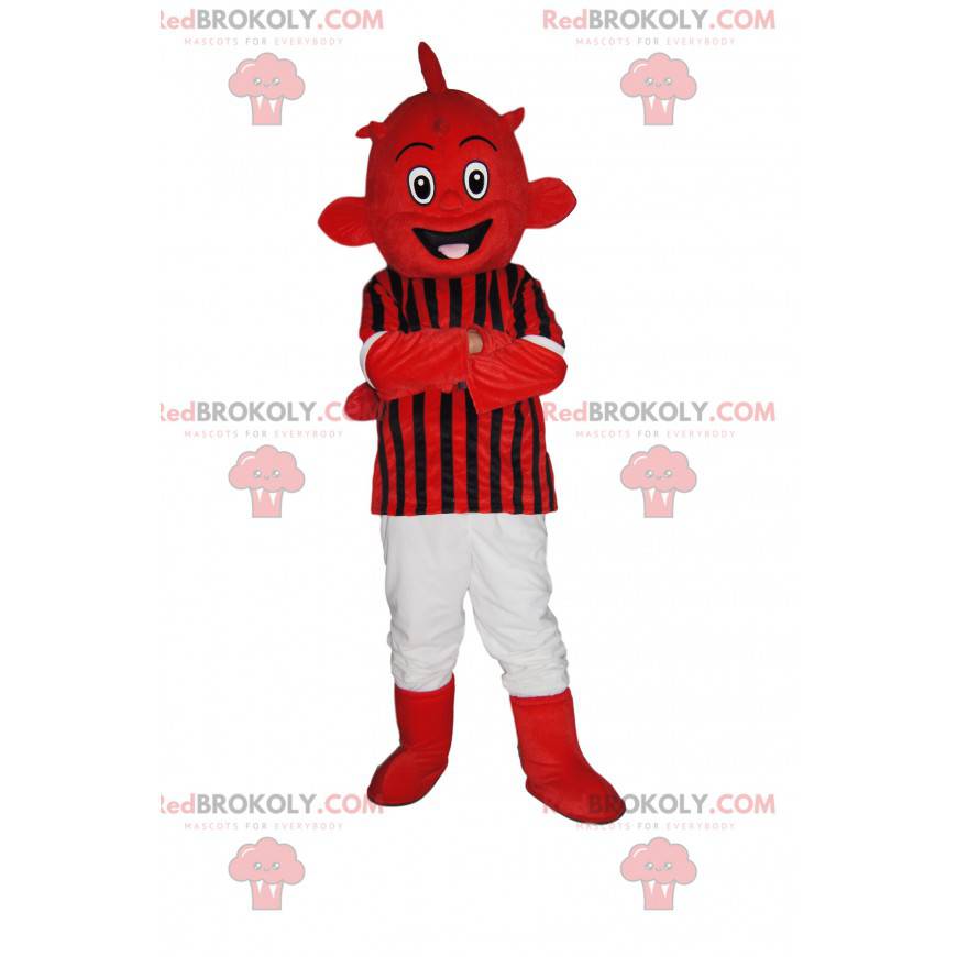 Mascota alienígena roja en ropa deportiva roja y negra -