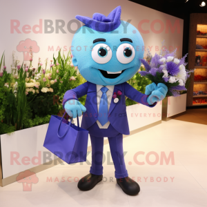 Blue Bouquet Of Flowers mascot costume character dressed with a Suit Jacket and Handbags