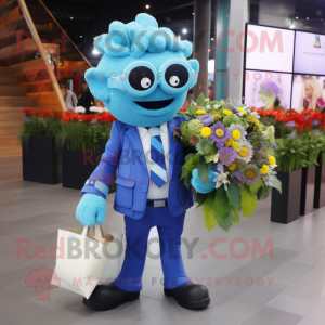 Blue Bouquet Of Flowers mascot costume character dressed with a Suit Jacket and Handbags
