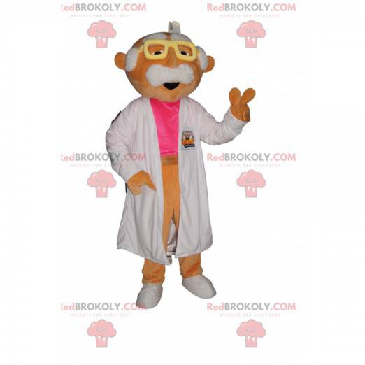 Mascotte de scientifique moustachu avec une blouse blanche -
