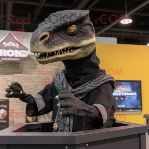 Black Velociraptor mascot costume character dressed with a Graphic Tee and Scarves