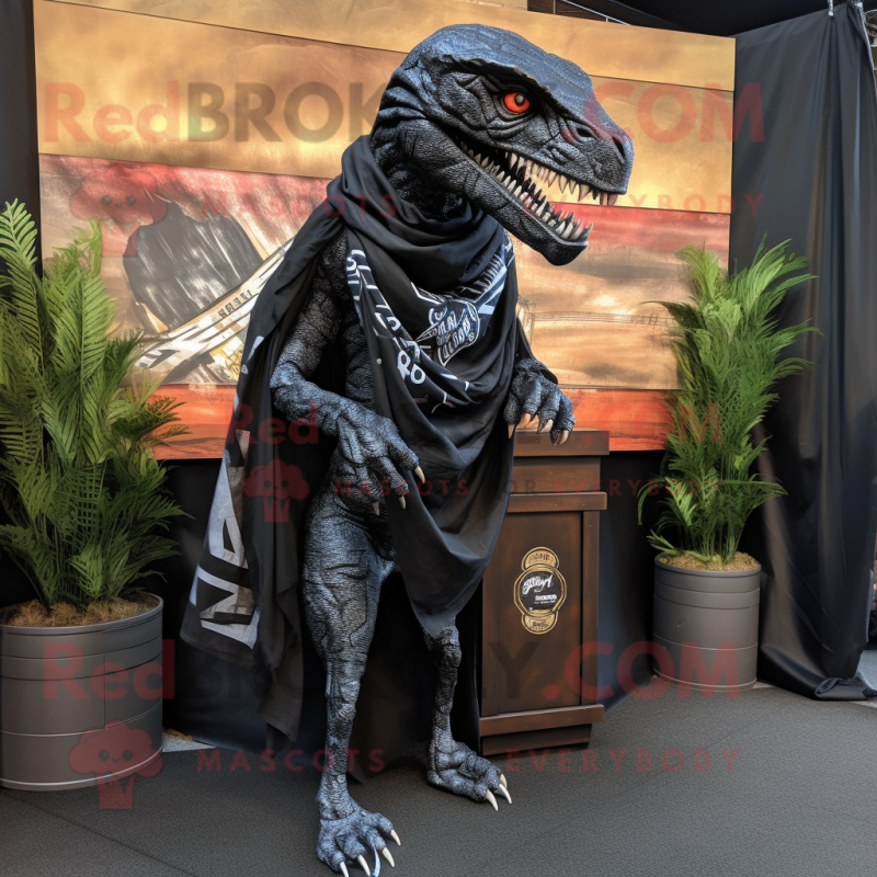 Black Velociraptor mascot costume character dressed with a Graphic Tee and Scarves Black Velociraptor mascot costume character dressed with a Graphic Tee and Scarves