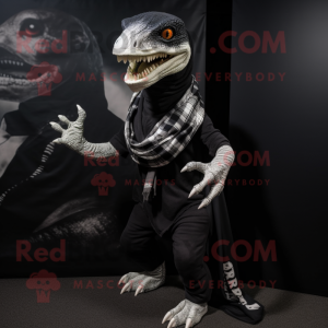 Black Velociraptor mascot costume character dressed with a Graphic Tee and Scarves