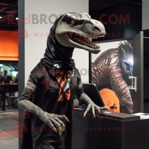 Black Velociraptor mascot costume character dressed with a Graphic Tee and Scarves