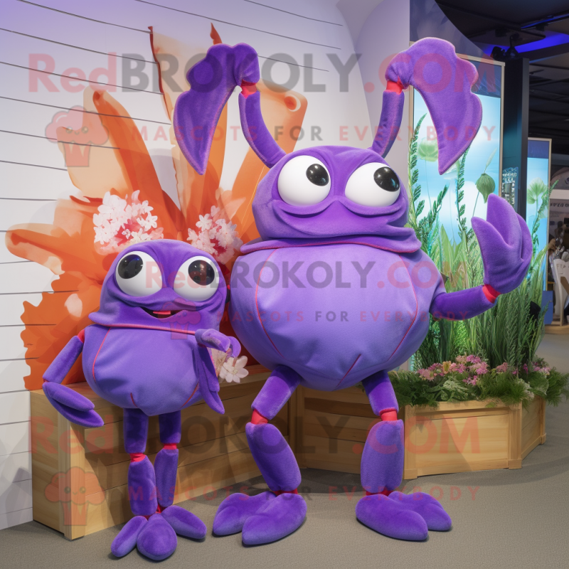Lavender Crab Cakes mascot costume character dressed with a Swimwear and Cummerbunds Lavender Crab Cakes mascot costume character dressed with a Swimwear and Cummerbunds
